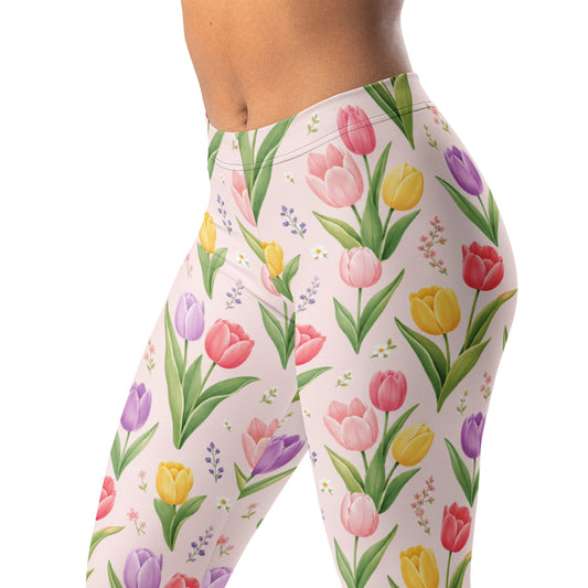 Spring tulip field leggings with floral print on pastel background