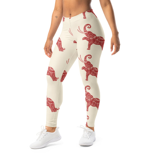 Boho Red Mandala Elephant Yoga Leggings