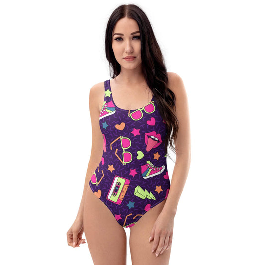 Vintage Music One-Piece Swimsuit with Retro Boombox Print