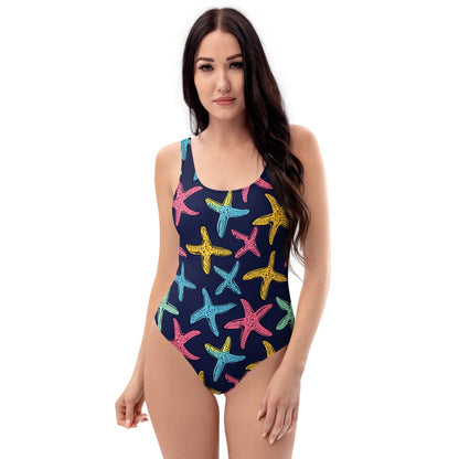 Colorful one-piece swimsuit with beach print and starfish design
