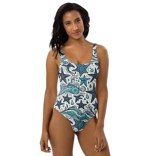 Coastal Waves One-Piece Swimsuit with starfish and waves pattern