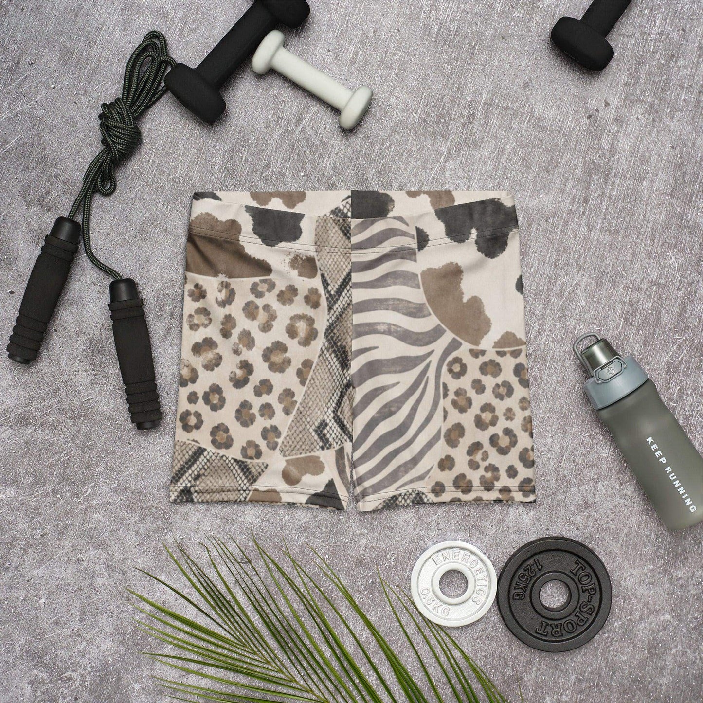 Animal print biker shorts with zebra, leopard, snake, and cow patterns