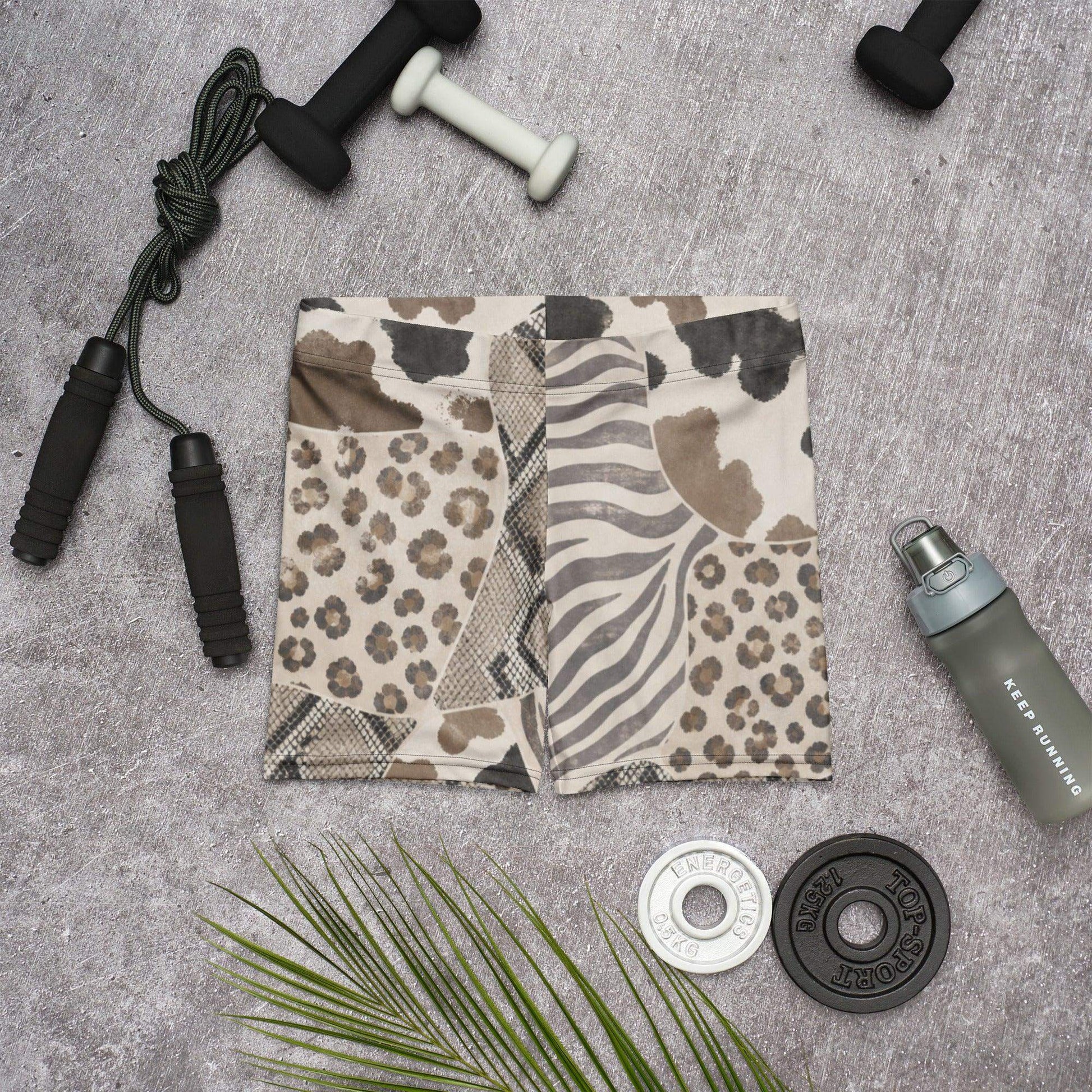 Animal print biker shorts with zebra, leopard, snake, and cow patterns