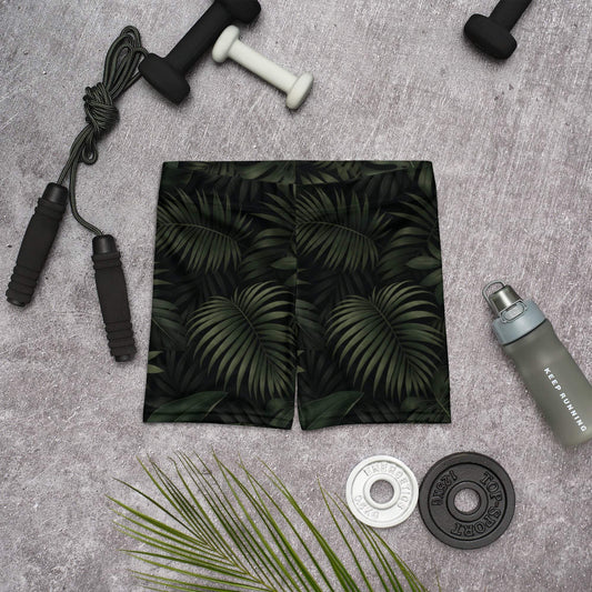 Botanical jungle shadow biker shorts with palm leaf print
