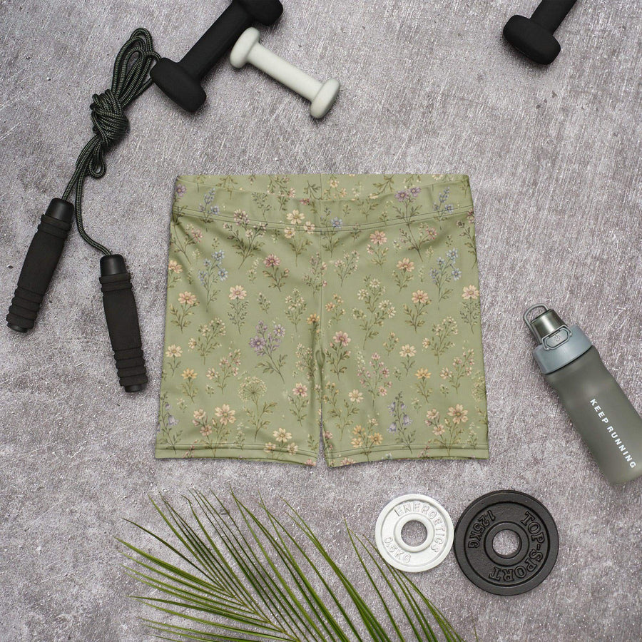 Vintage Wildflower Field Biker Shorts with Tiny Florals on Dusty Sage
