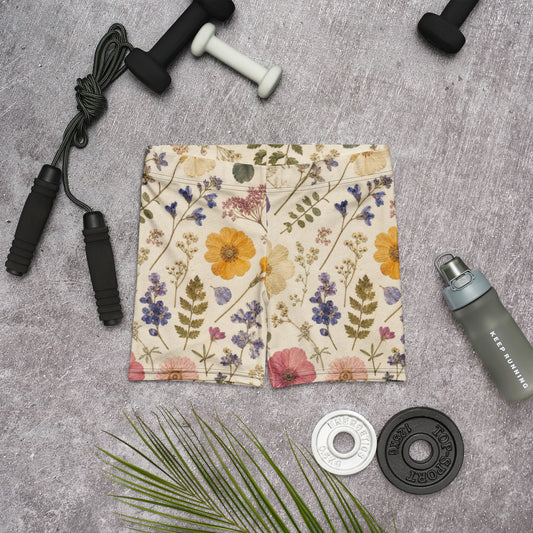 Pressed flower collage biker shorts with scrapbook vibe