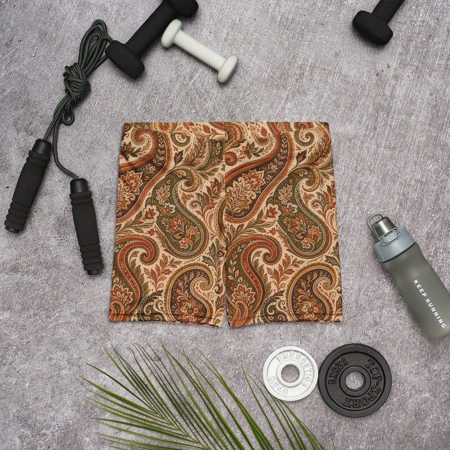 Earthy paisley biker shorts with boho swirl design