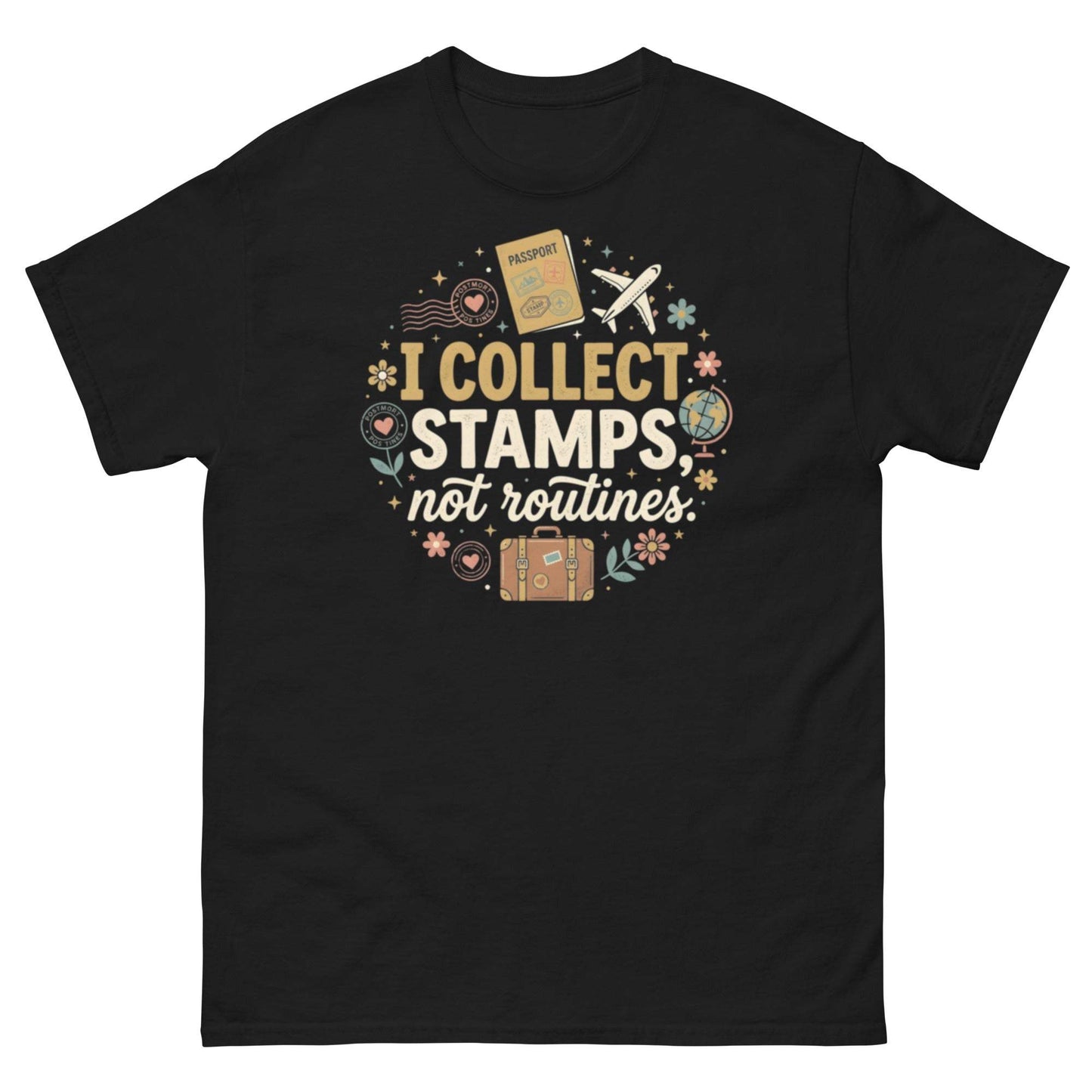 Travel Lover Stamp Collector T-Shirt - Passport, Plane, Globe Graphic