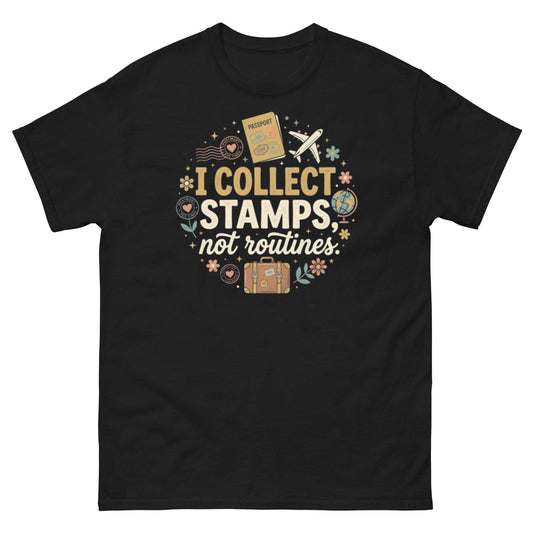 Travel Lover Stamp Collector T-Shirt - Passport, Plane, Globe Graphic