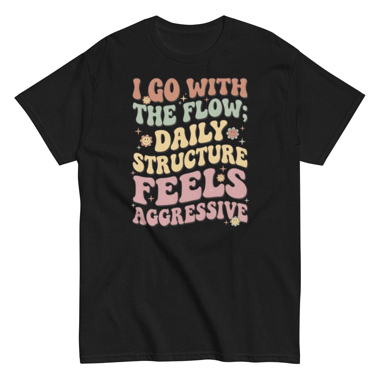 Retro-inspired ADHD t-shirt with groovy smiley and funny quote