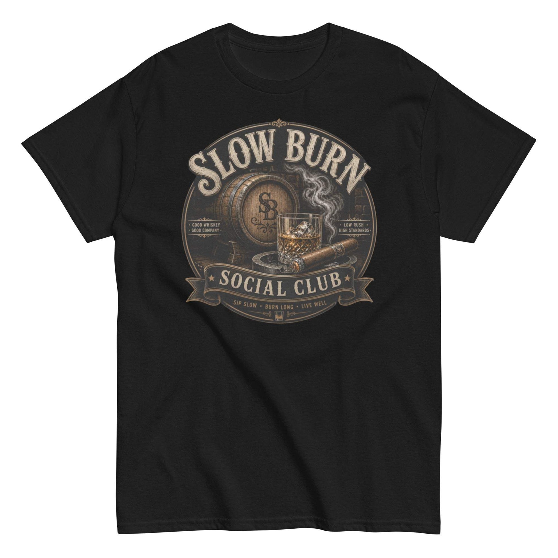 Slow Burn Social Club t-shirt with cigar and whiskey design