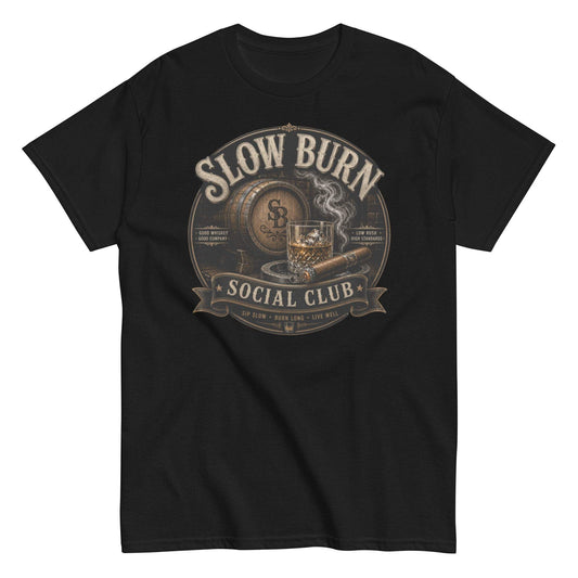 Slow Burn Social Club t-shirt with cigar and whiskey design