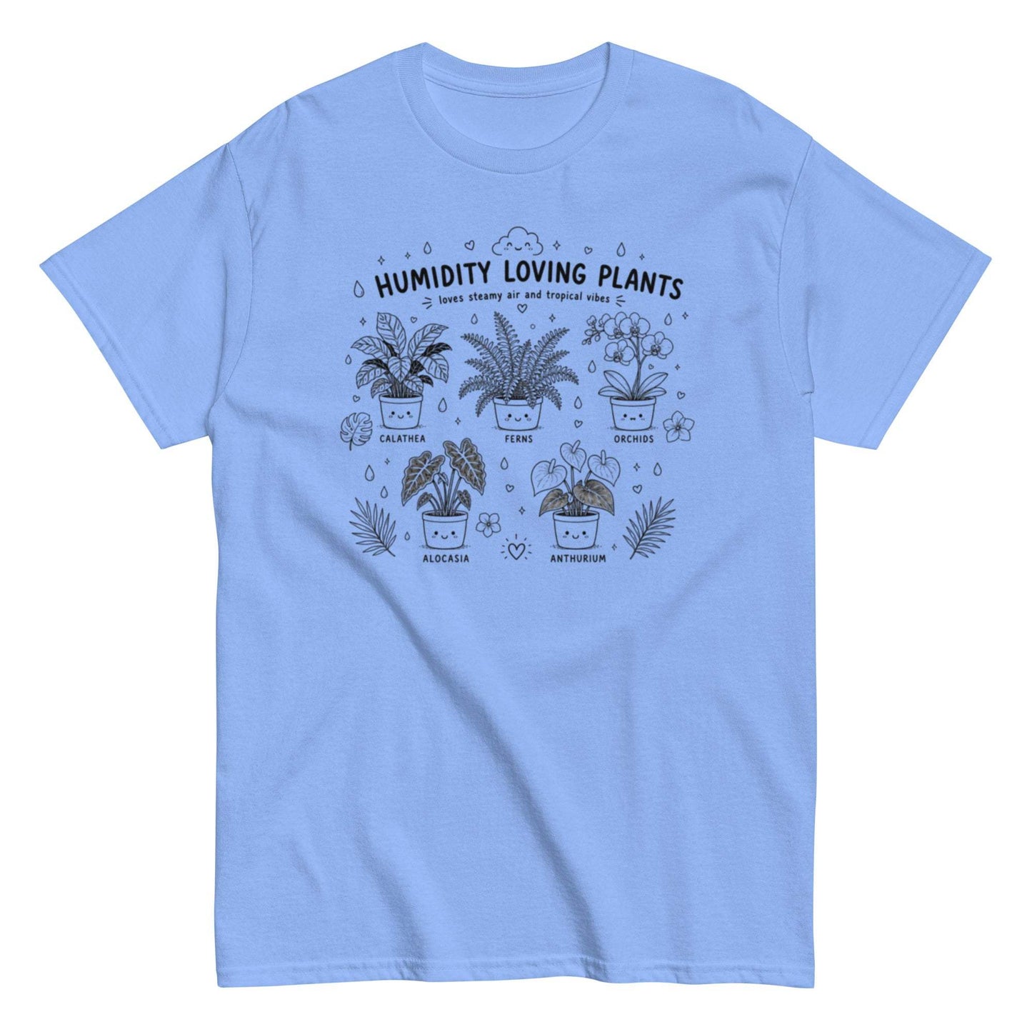 Humidity-loving plants tee with Calathea, Ferns, Orchids, Alocasia, and Anthurium