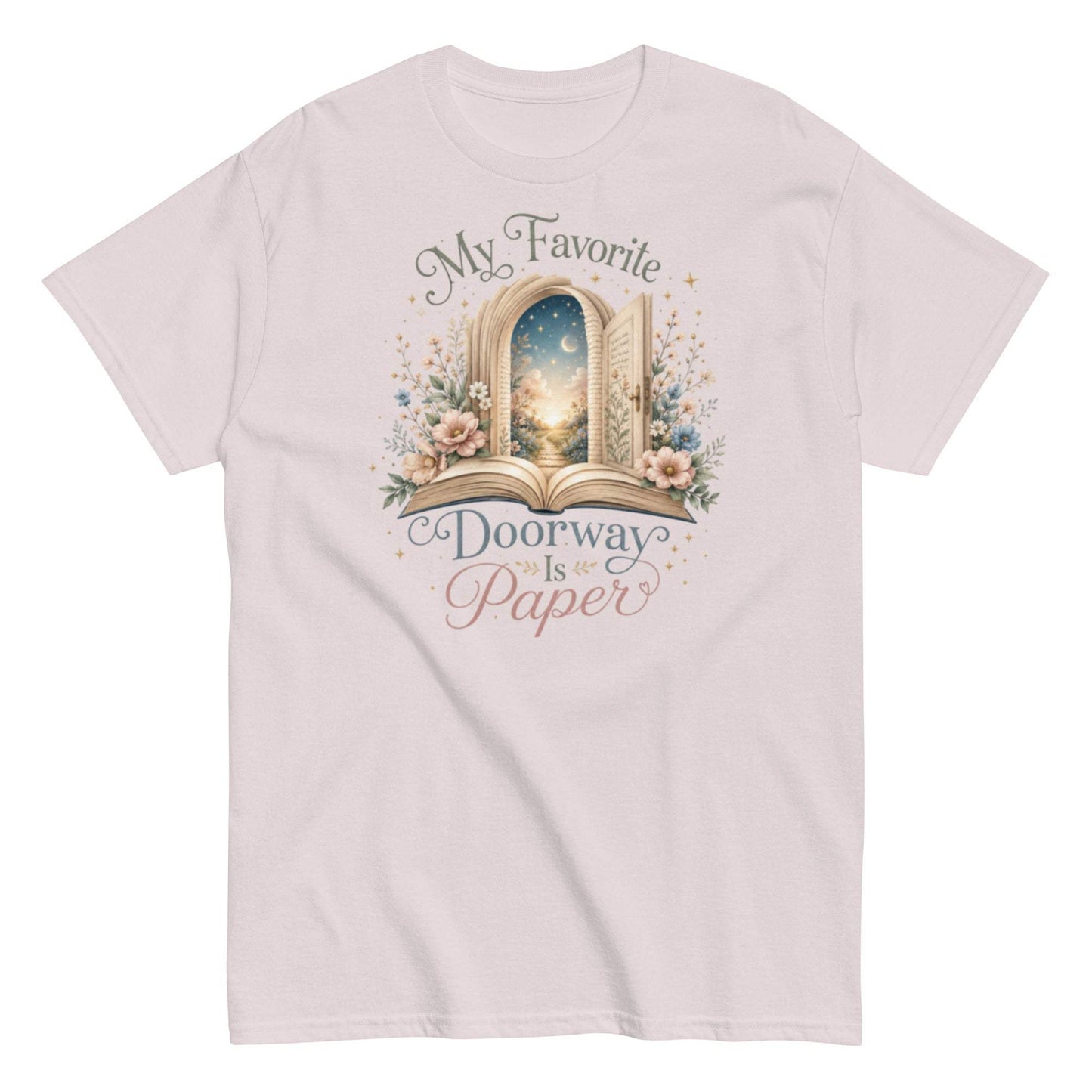 Paper book lover tee with glowing book portal design