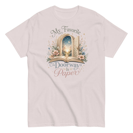 Paper book lover tee with glowing book portal design