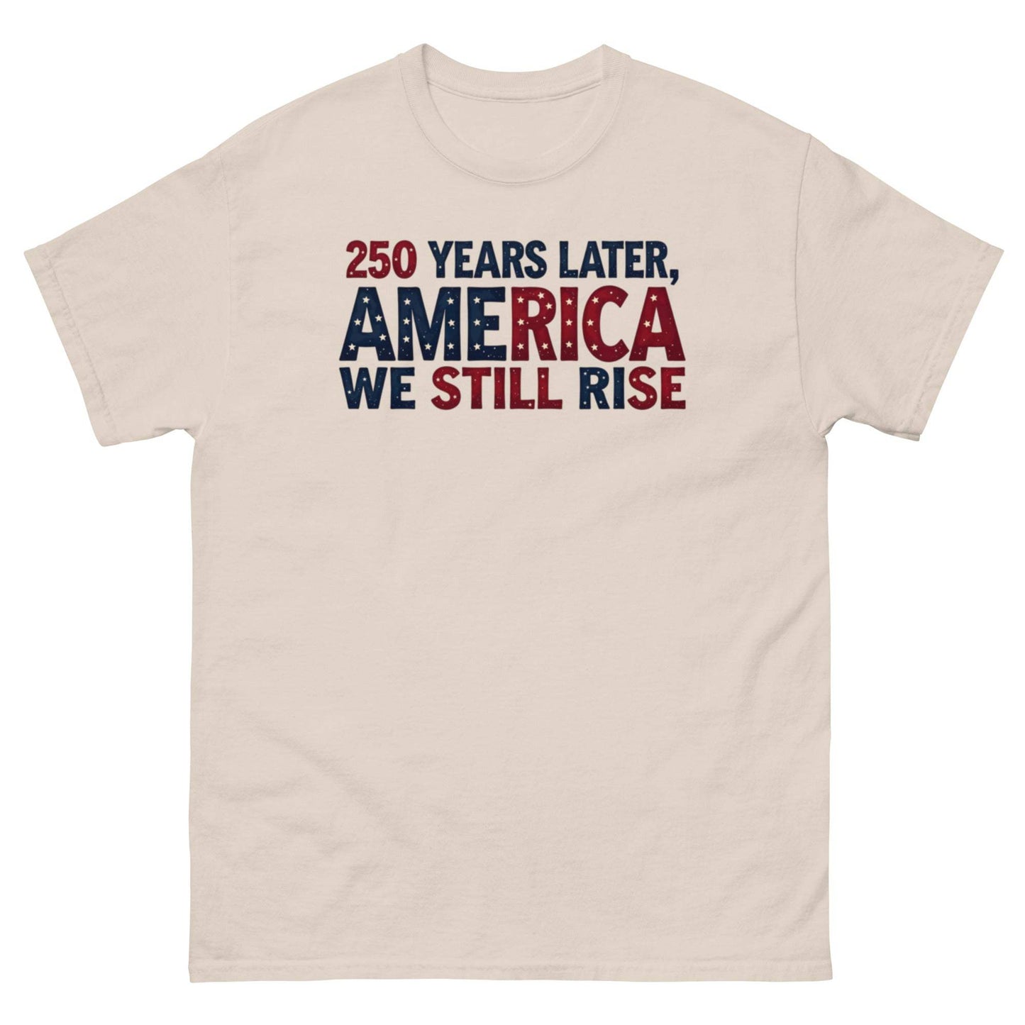 Patriotic tee with bold design and message of resilience