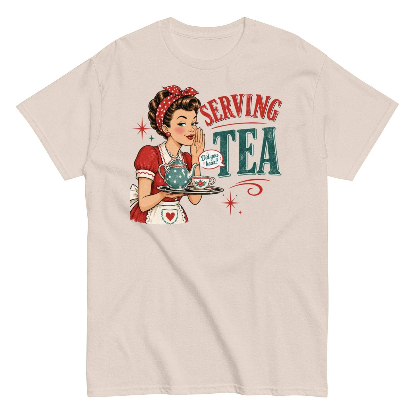 Retro Girl Serving Tea Unisex Classic Tee with Gossip-Focused Design