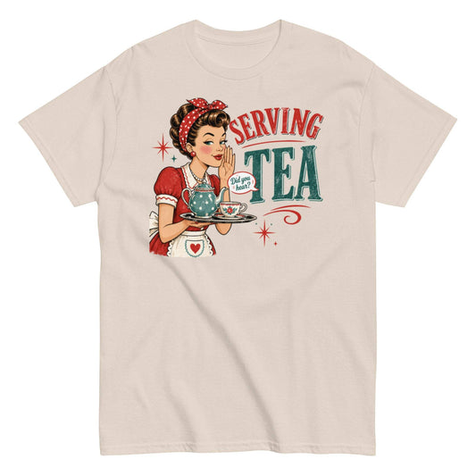 Retro Girl Serving Tea Unisex Classic Tee with Gossip-Focused Design