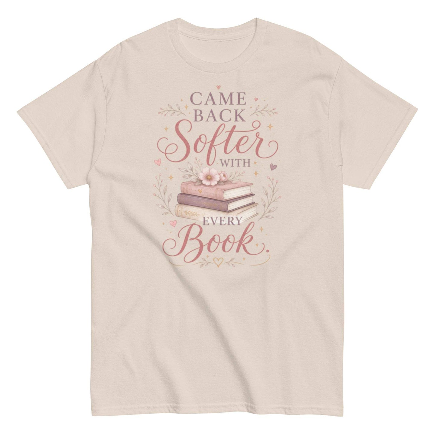Soft book lover tee with floral stack design