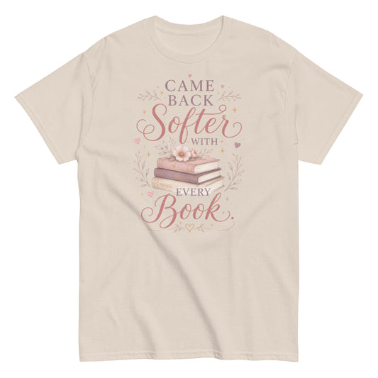 Soft book lover tee with floral stack design