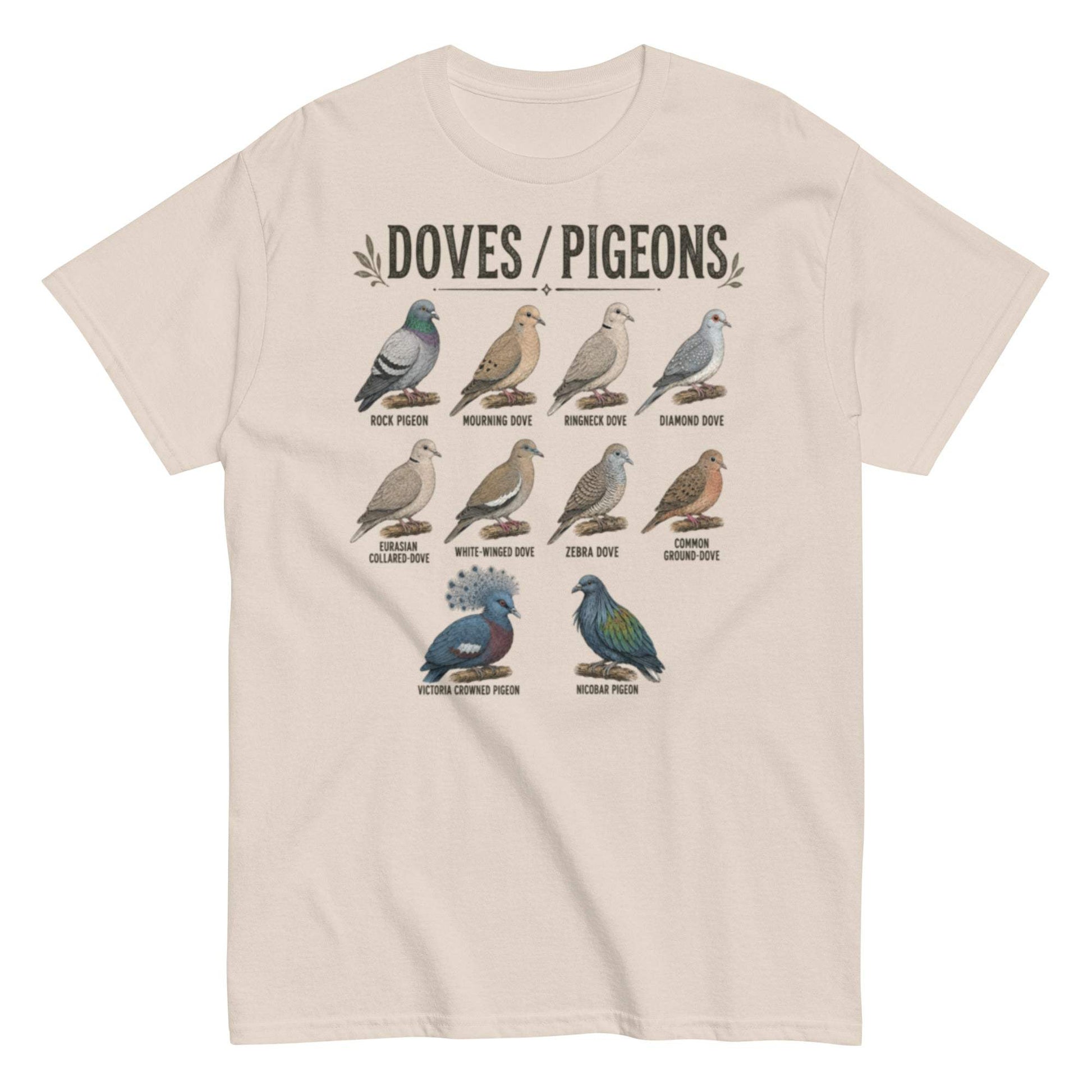 Vintage bird tee with dove and pigeon species chart