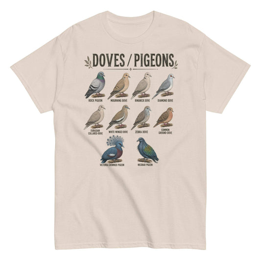 Vintage bird tee with dove and pigeon species chart