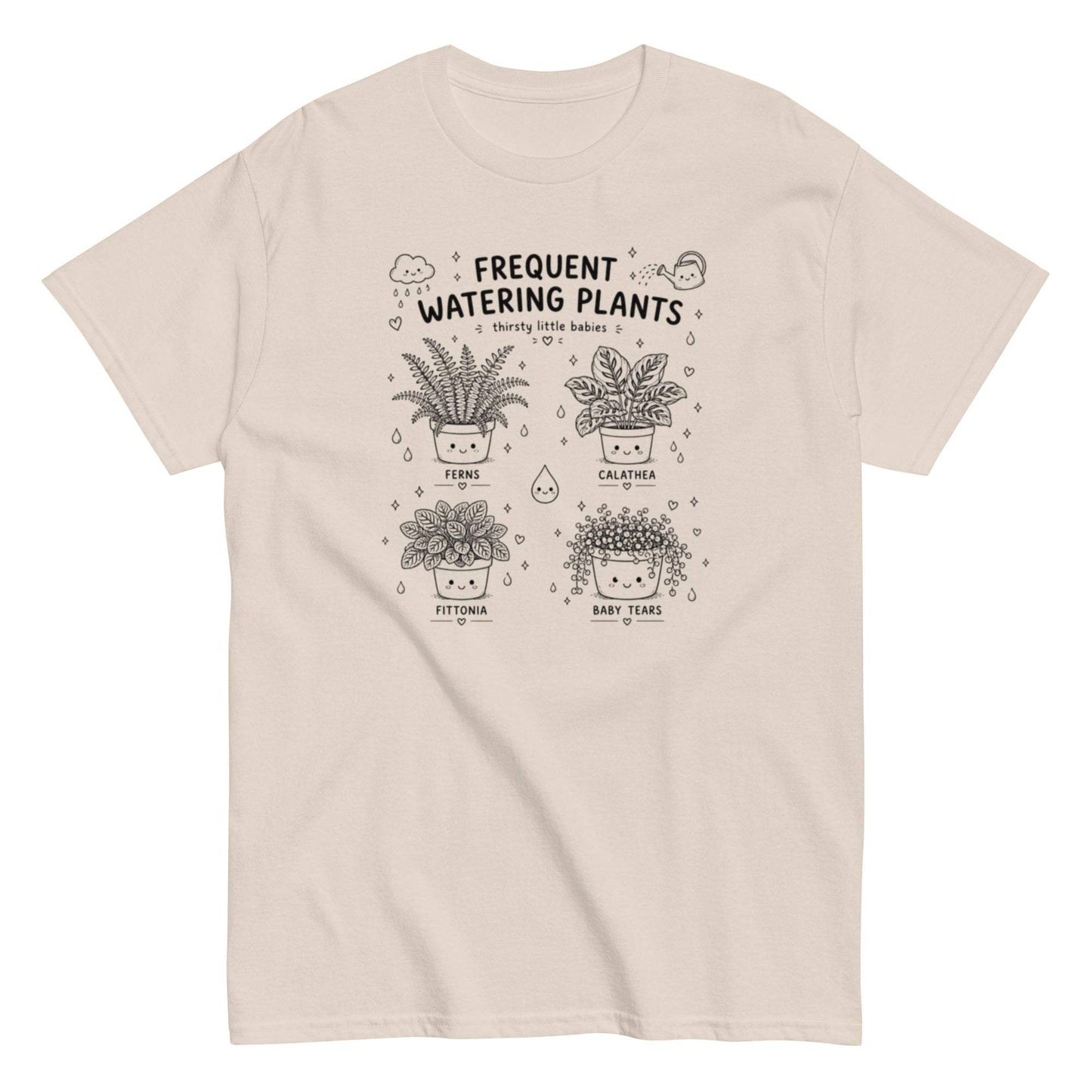 Frequent watering garden plant lover tee with ferns, calathea, fittonia, and baby tears