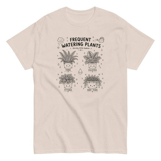 Frequent watering garden plant lover tee with ferns, calathea, fittonia, and baby tears