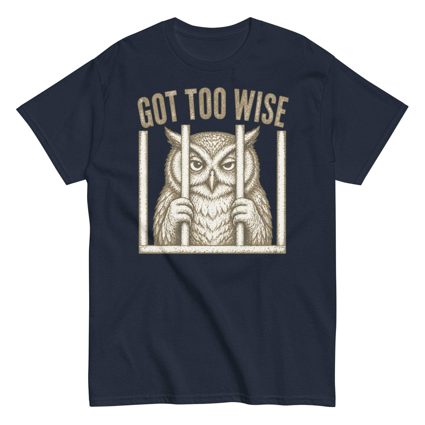 Wise owl behind bars unisex tee