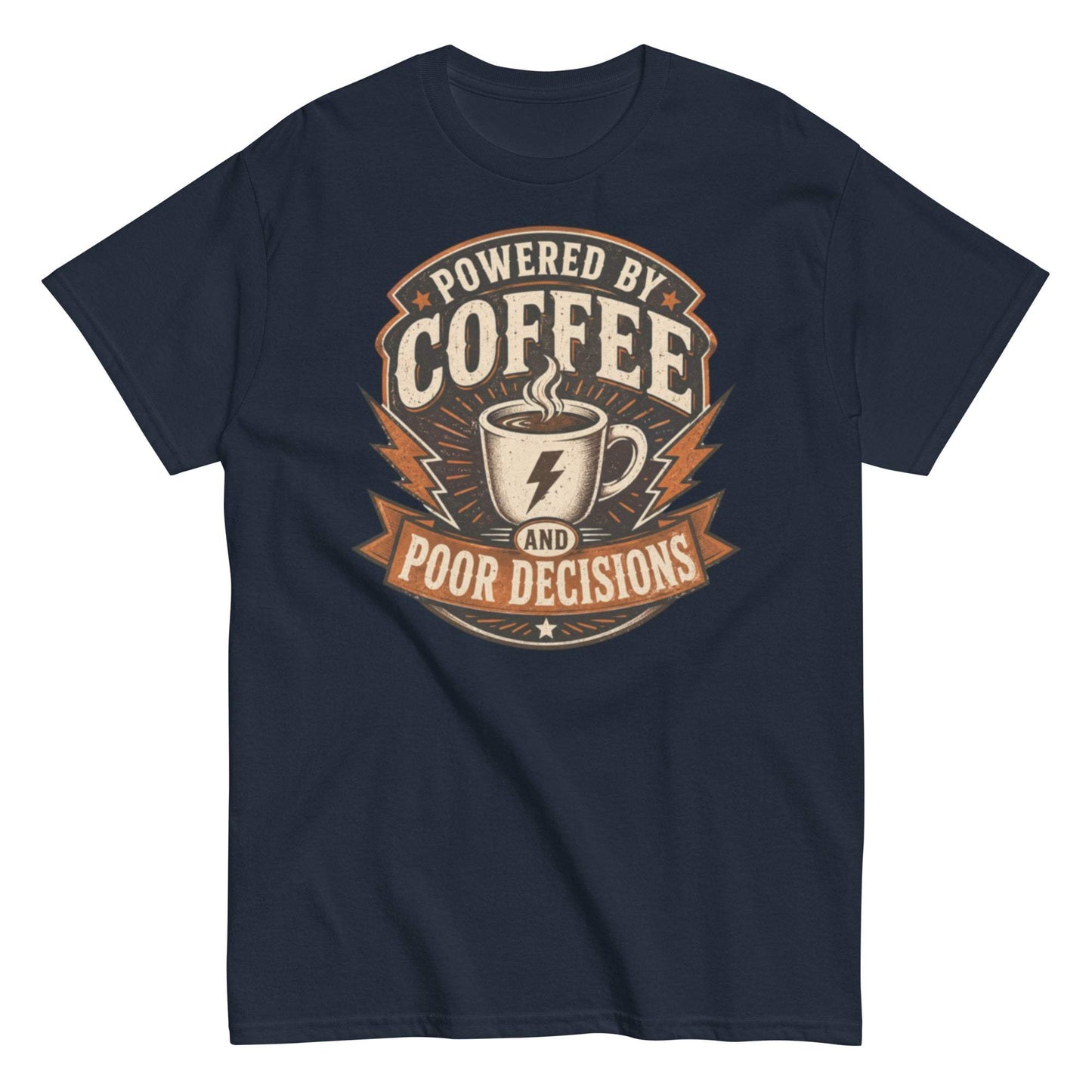 Retro unisex tee with coffee and lightning bolt design