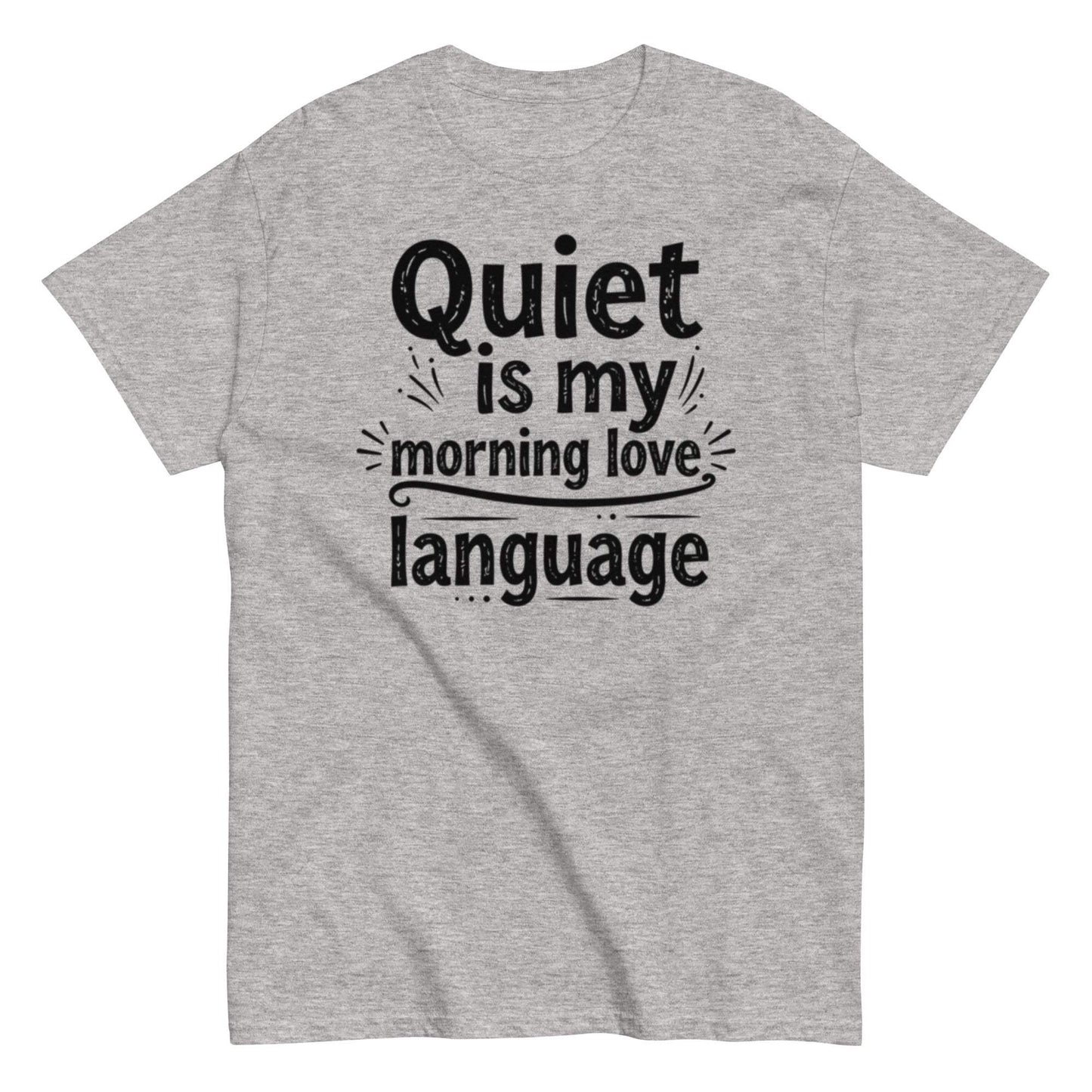 Introvert Morning Love Language T-Shirt - Minimal quote design with coffee and silence humor. Unisex