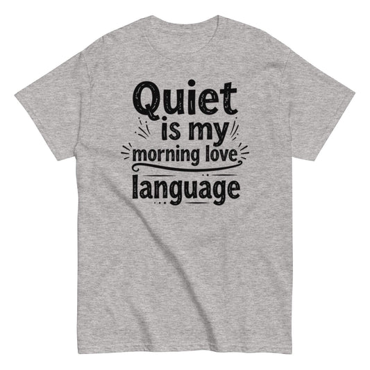 Introvert Morning Love Language T-Shirt - Minimal quote design with coffee and silence humor. Unisex
