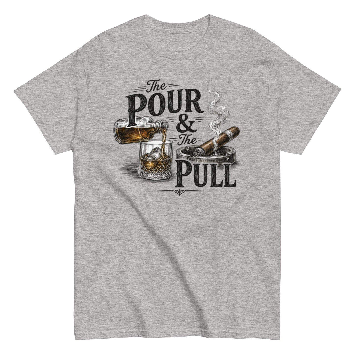 Cigar and whiskey t-shirt with trendy pour and pull graphic
