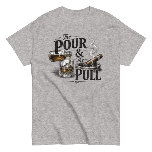 Cigar and whiskey t-shirt with trendy pour and pull graphic