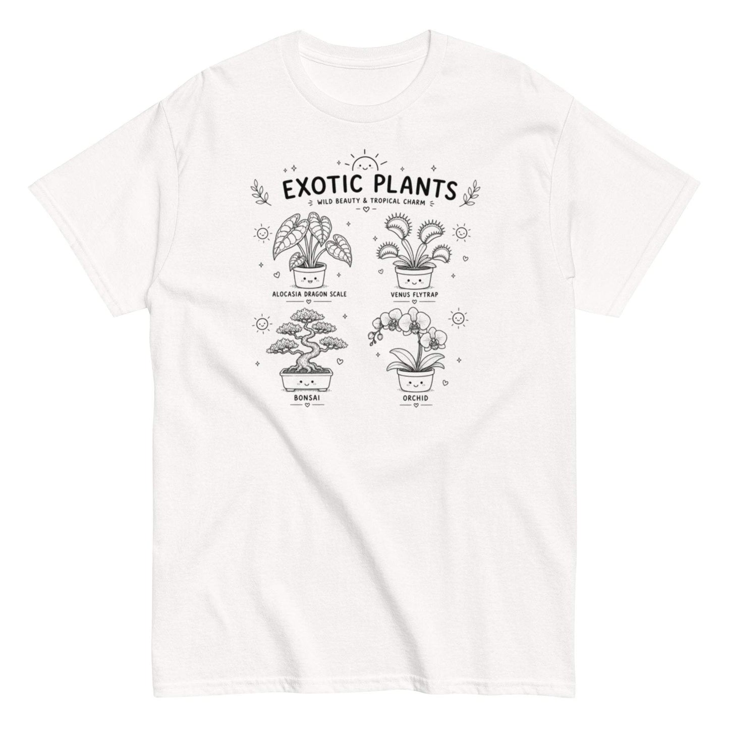 Exotic plants garden lover tee with Alocasia, Venus flytrap, bonsai, and orchid print