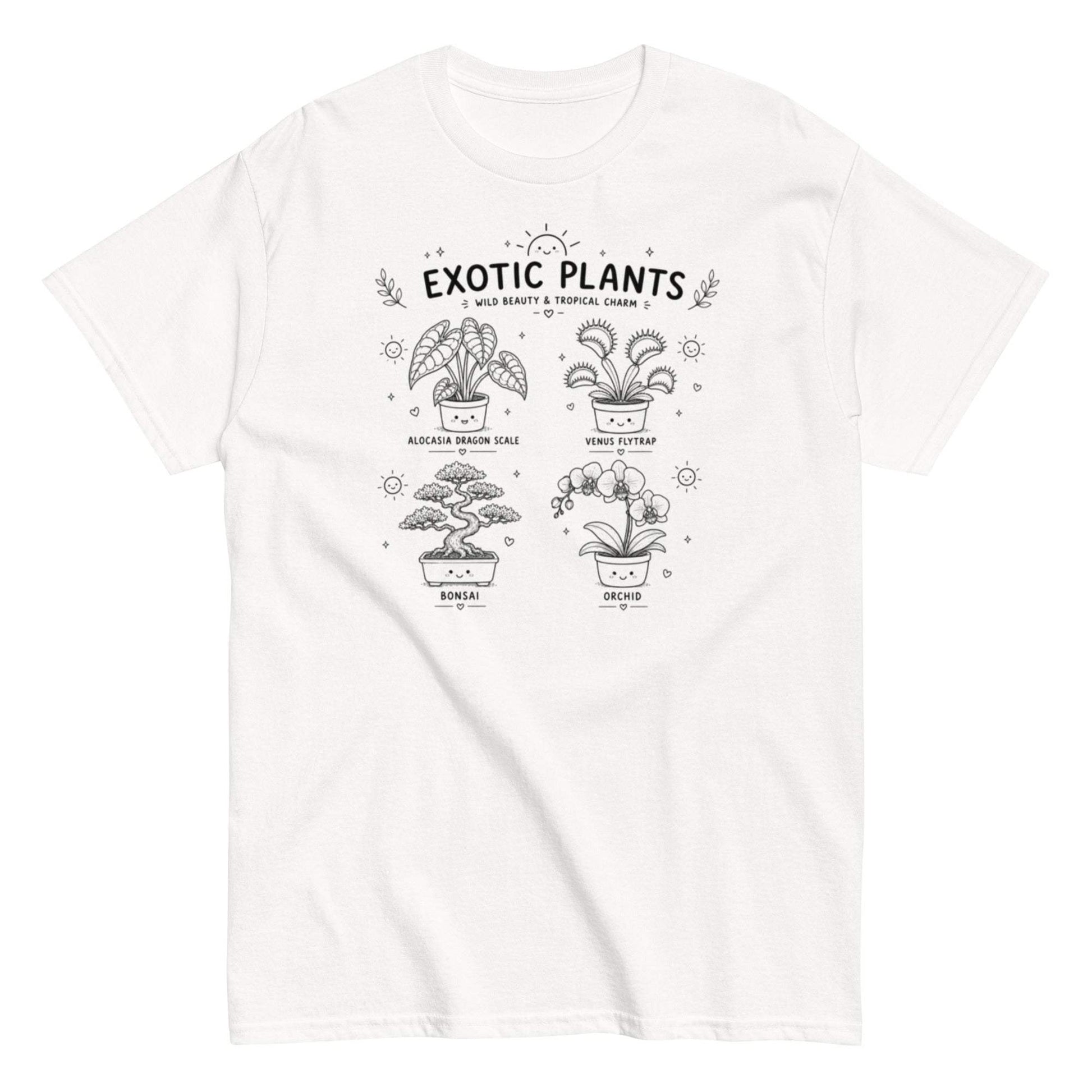 Exotic plants garden lover tee with Alocasia, Venus flytrap, bonsai, and orchid print