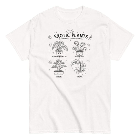 Exotic plants garden lover tee with Alocasia, Venus flytrap, bonsai, and orchid print