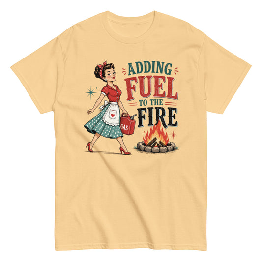 Retro-inspired unisex tee with smug girl carrying gas can or firewood