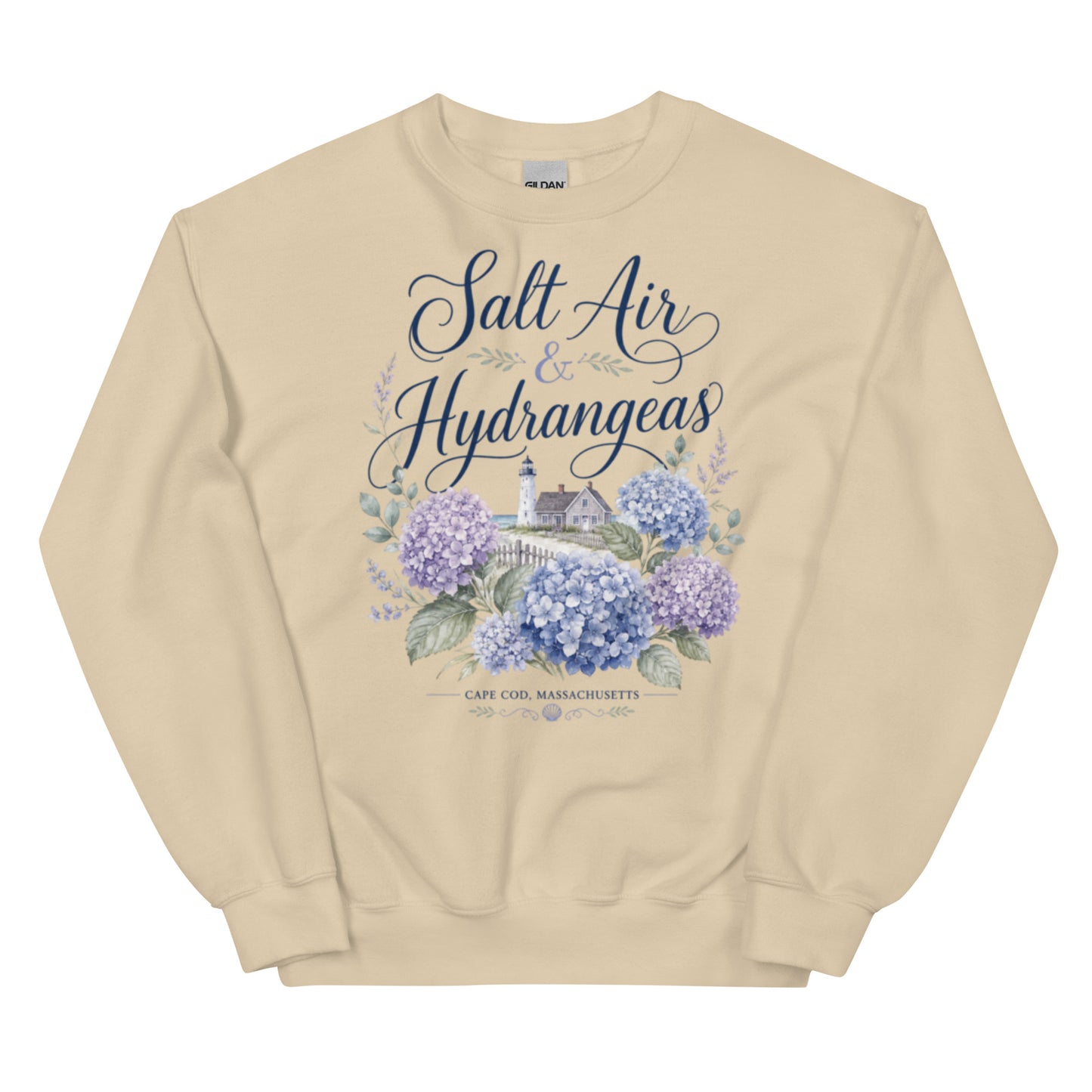 Cape Cod sweatshirt with salt air and hydrangea design