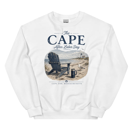 Cape Cod sweatshirt with beach chair, gull, and thermos design