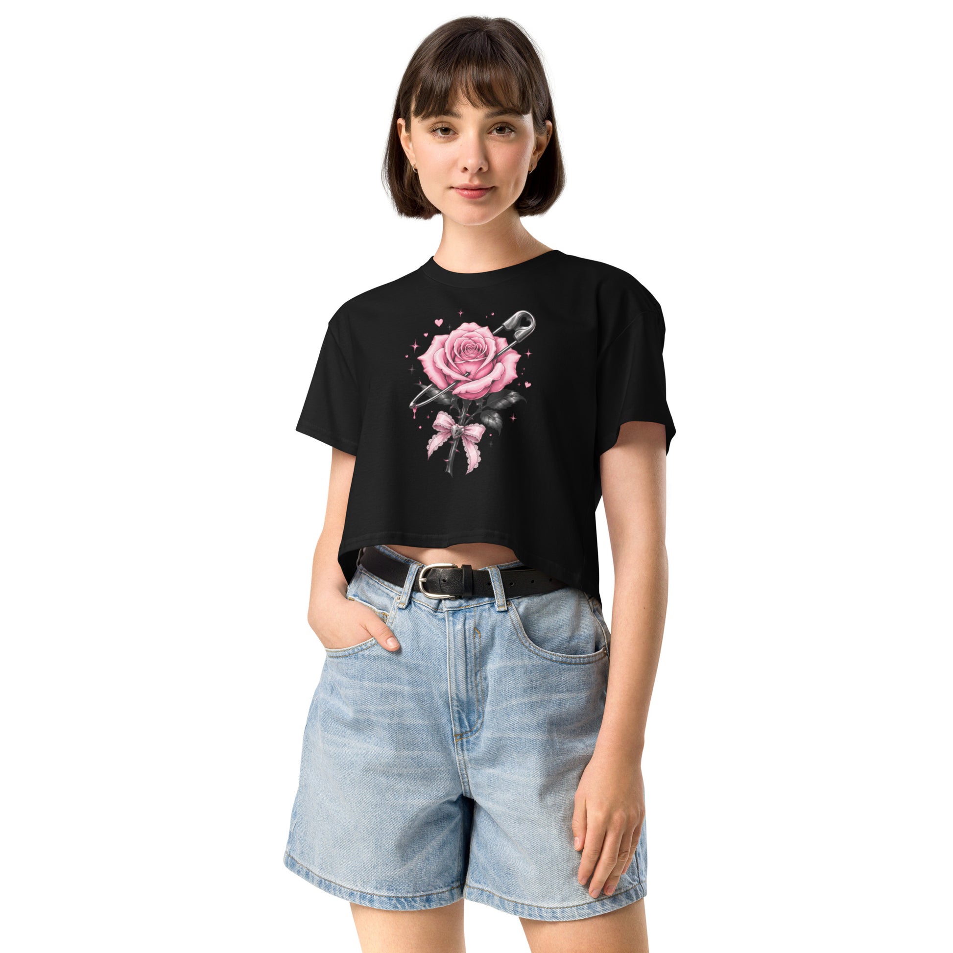 Safety Pin Rose Women's Crop Top in Soft Combed Cotton