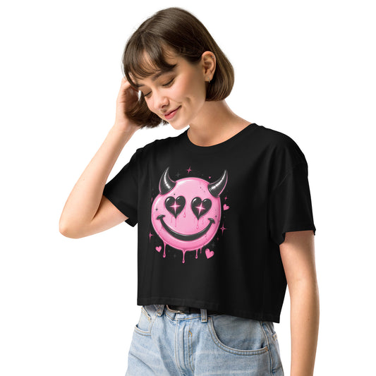 Devil Horns Smiley Women's Crop Top in Soft Combed Cotton
