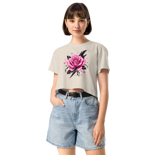 Feminine rose and lightning bolt crop top in soft combed cotton