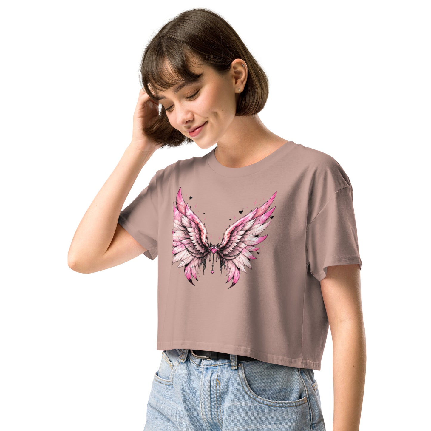 Distressed angel wings crop top for edgy, feminine style. 100% combed cotton, relaxed fit, cropped