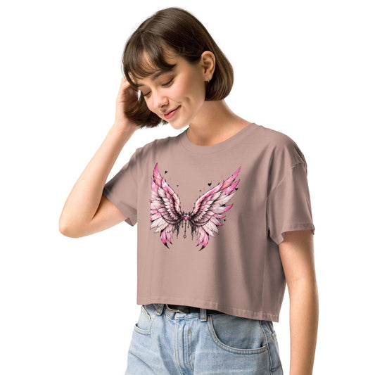 Distressed angel wings crop top for edgy, feminine style. 100% combed cotton, relaxed fit, cropped