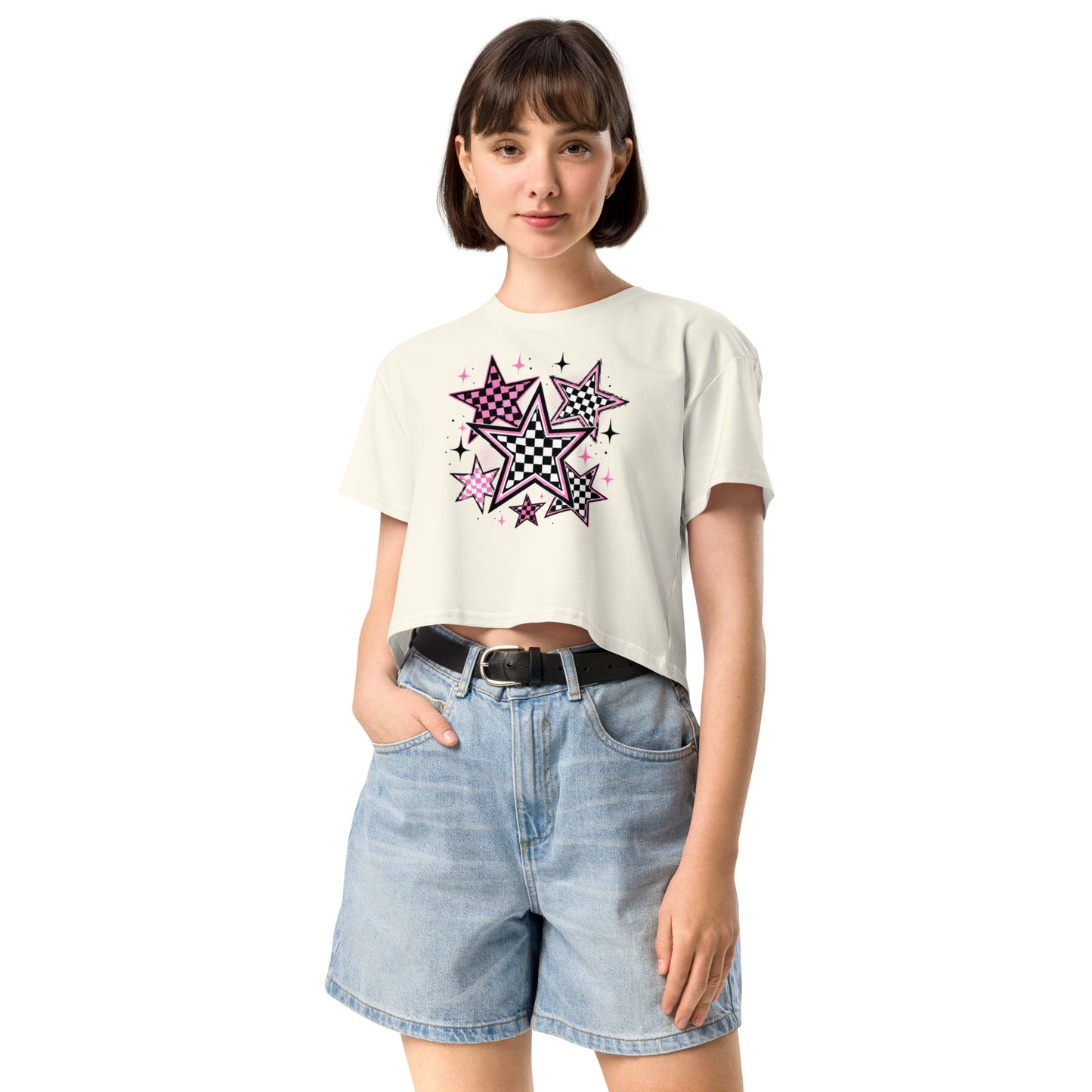 Checkerboard stars women's crop top in soft combed cotton