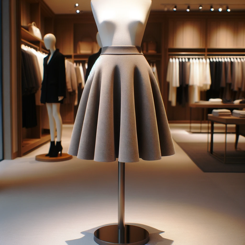 Here is an image of a fashionable A-line skirt on a mannequin. This illustration showcases the skirt's elegant, knee-length, flared silhouette that is characteristic of the A-line style.

