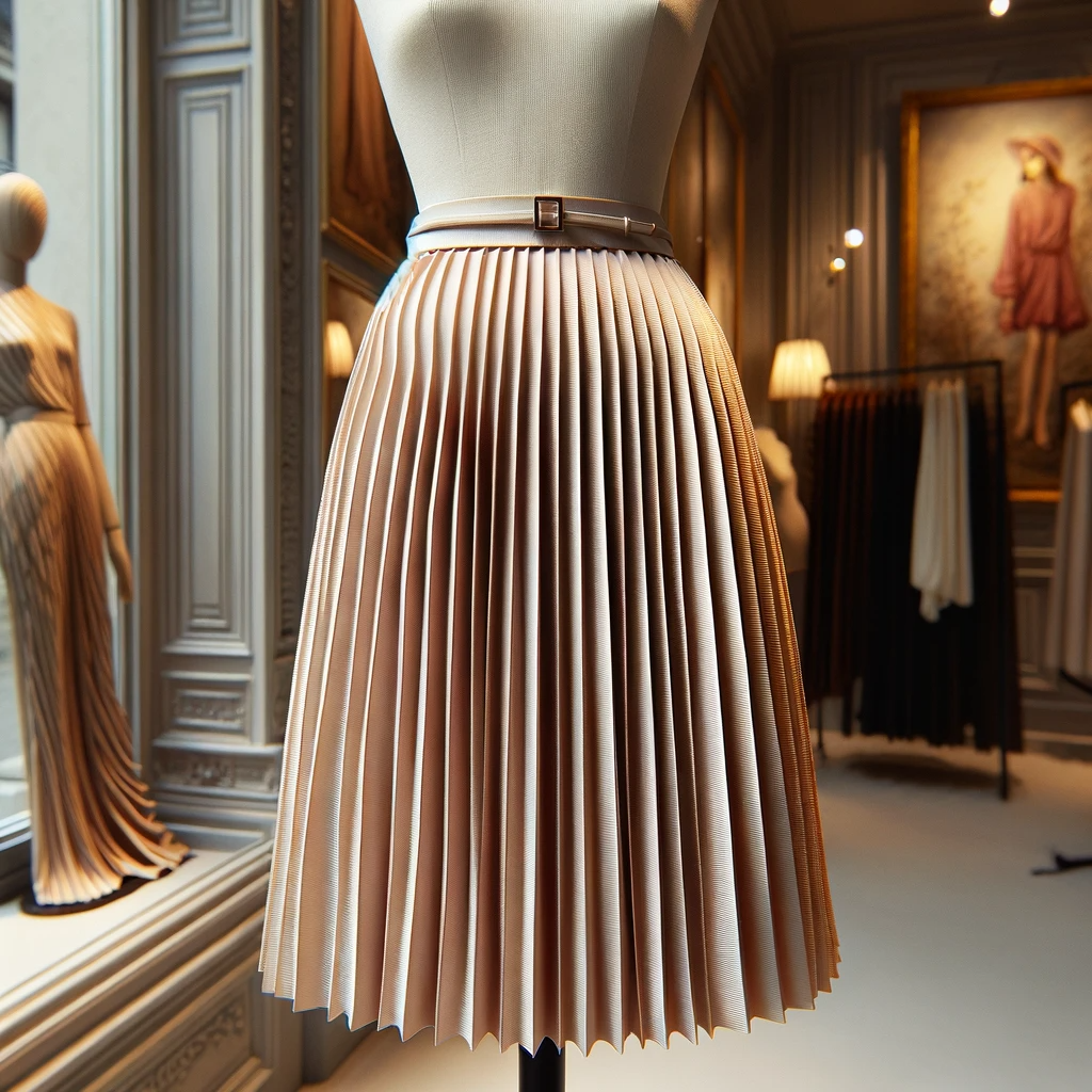 Here is an image of a chic accordion skirt displayed on a mannequin, highlighting its iconic pleated design.

