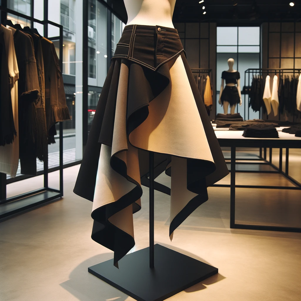 Here is an image of a modern asymmetrical skirt displayed on a mannequin, showcasing its unique and contemporary design.

