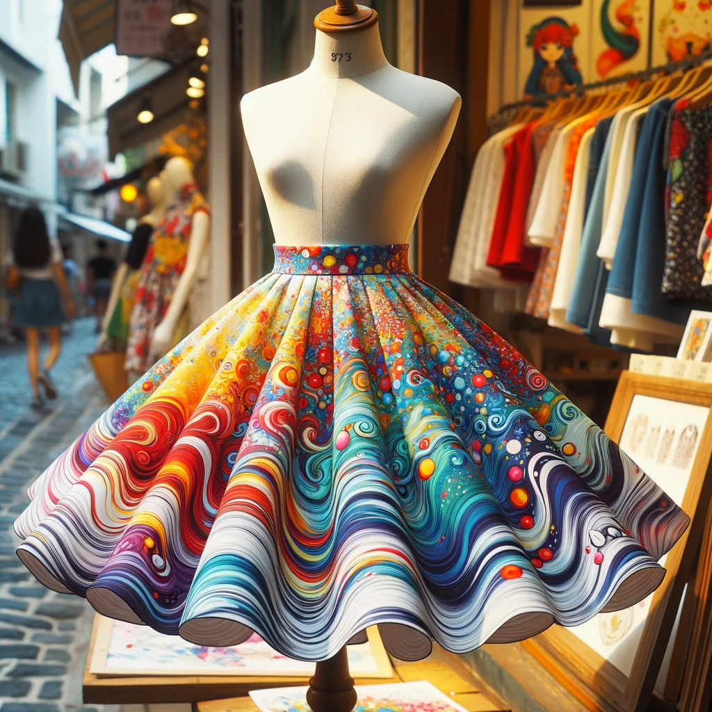Here is an image of a vibrant circle skirt displayed on a mannequin, highlighting its full and playful design.

